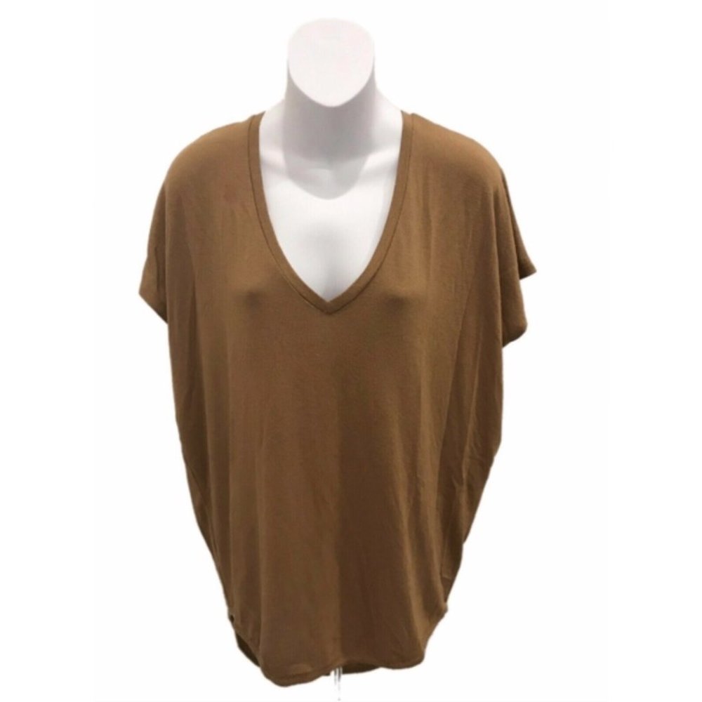 Express Camel Brown Short Sleeve V-Neck Top